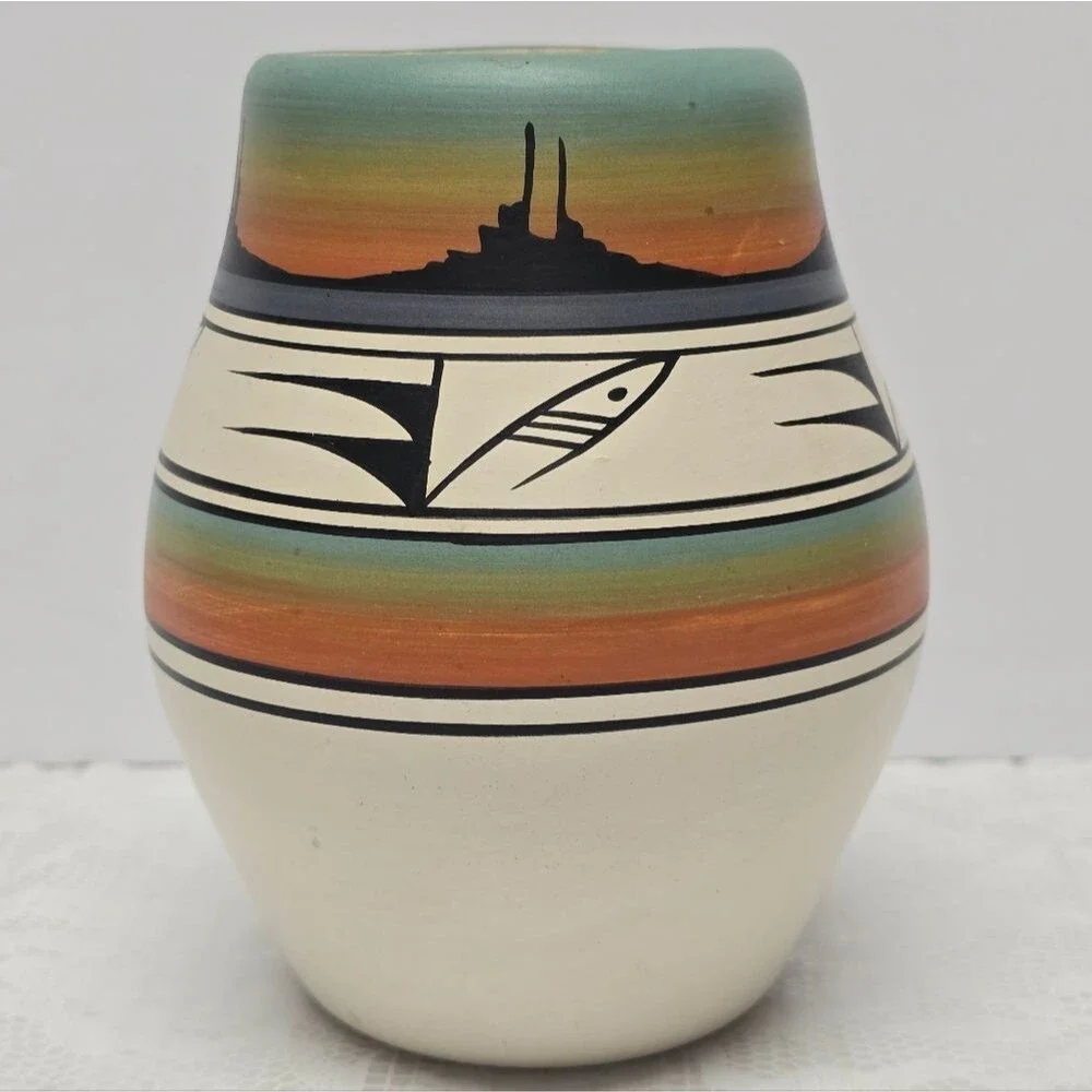Native American Hand Painted Pottery Vase Signed By Wallace T. Navajo Folk Art