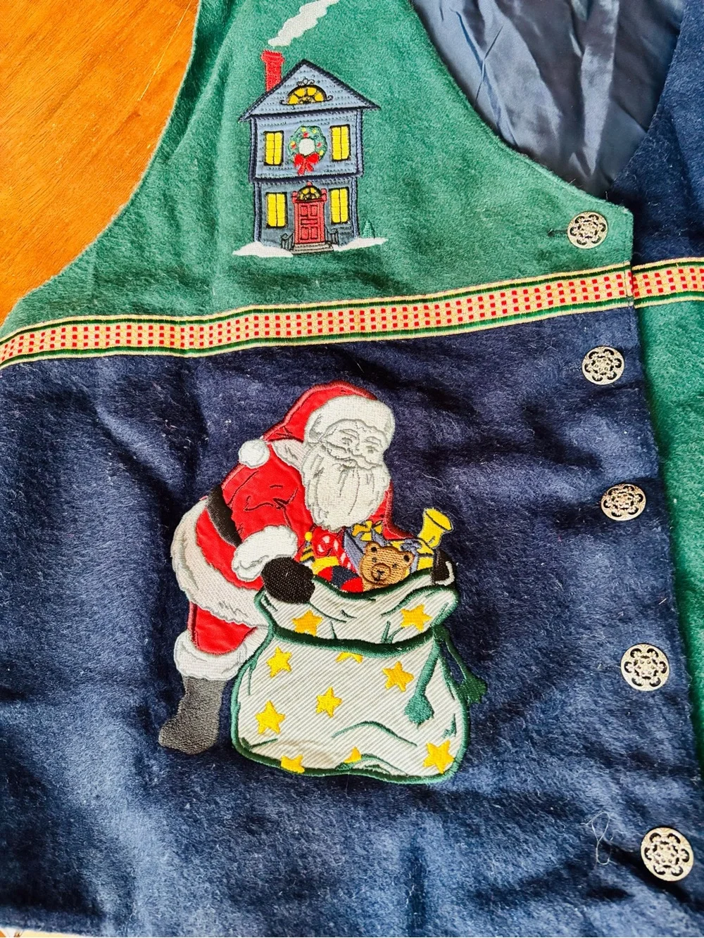 Vintage 90s Karen Scott Blue and Green Seasonal Christmas Vest, Granny Core