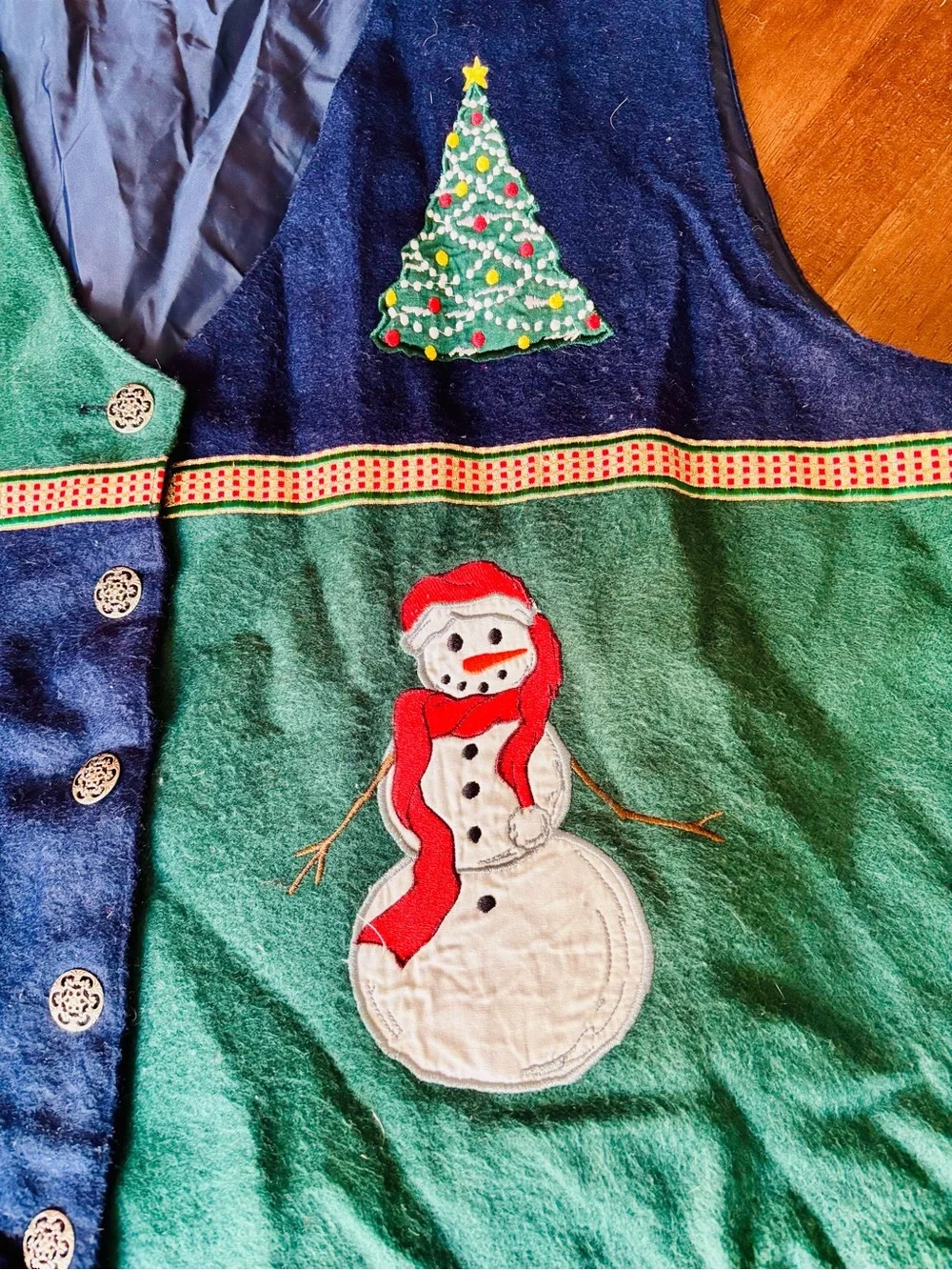 Vintage 90s Karen Scott Blue and Green Seasonal Christmas Vest, Granny Core