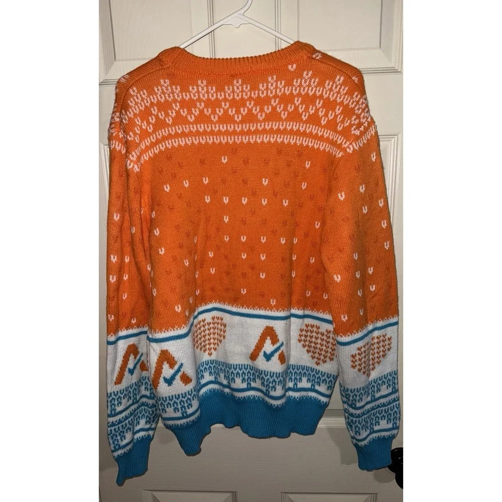ROODY  Mens Orange Teal Christmas Winter Sweater Crewneck Pullover Hearts Checks