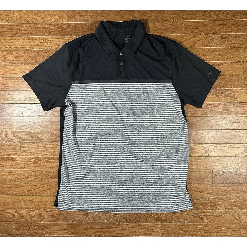 Nike Dri Fit Tiger Woods Polo Large Gray Black Stripe Mens Short Sleeve Golf
