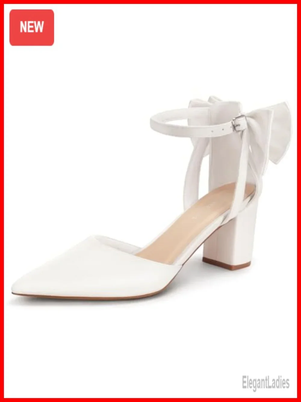 Closed Pointed Toe Heels with Bow Low Chunky Block Heel Ankle Strap D'Orsay