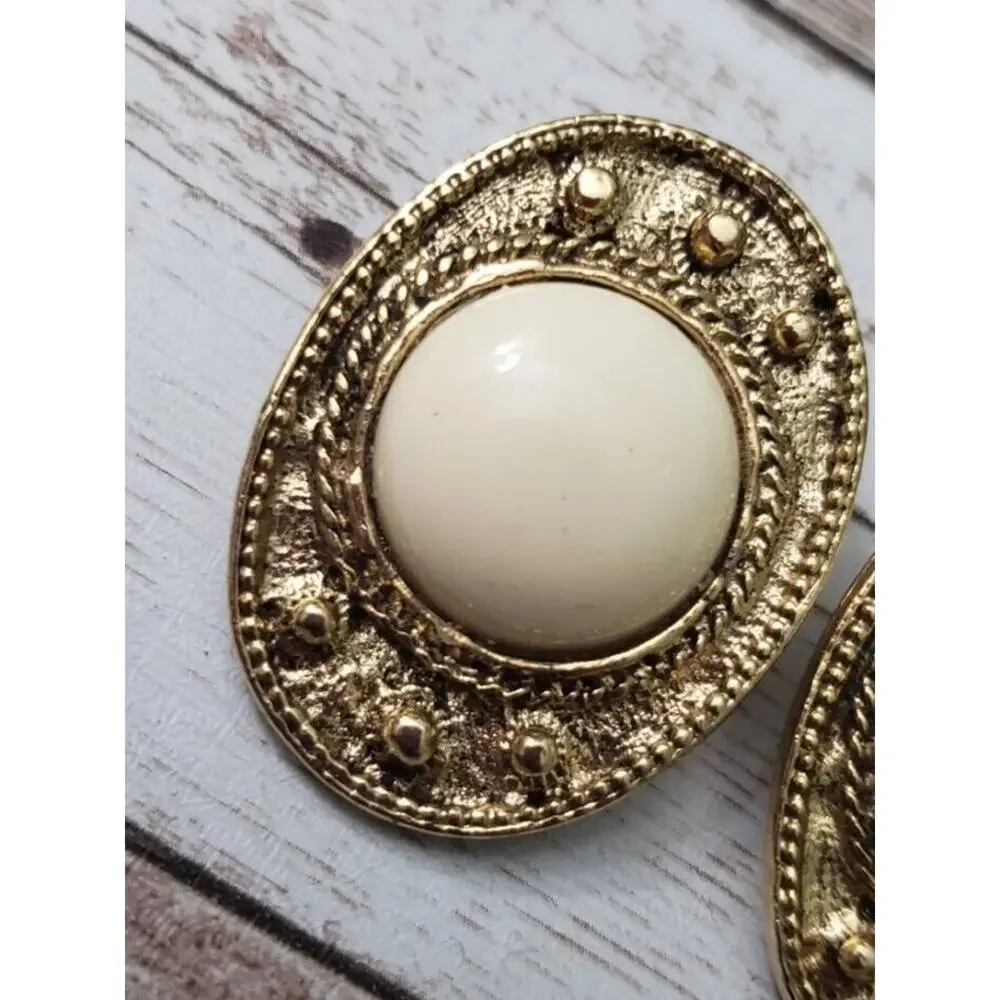 Vintage Clip On Earrings Statement Oval Shape Cream & Gold Tone Large