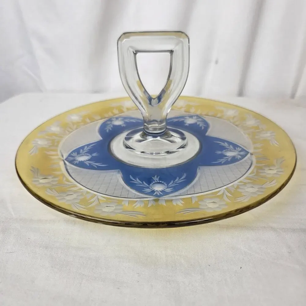 Vintage Westmoreland Crystal Blue Yellow Floral Cut Glass Sandwich Tray Dessert