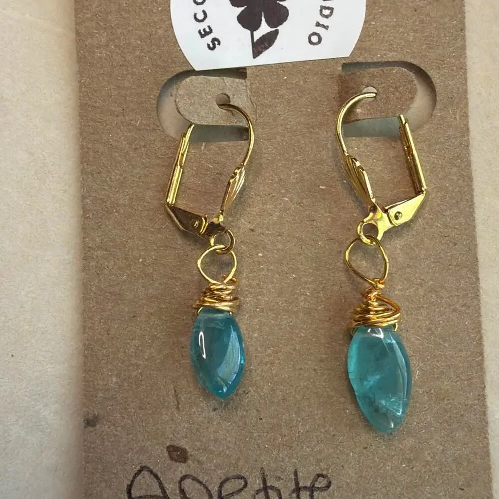 Neon Blue Apetite Drop Earrings, Wire Wrapped, Artisan, 18K Gold Plated