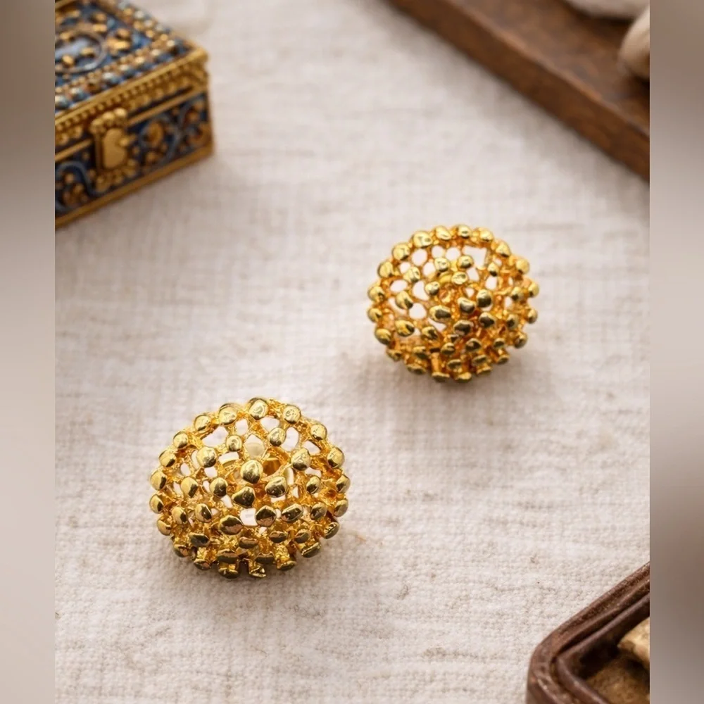 Vintage Gold Tone Textured Dome Stud Earrings | Brutalist Statement 3D Retro