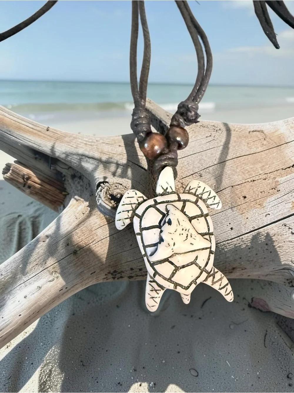 Handmade Turtle Pendant Necklace in Black Cord - Beach Boho Jewelry