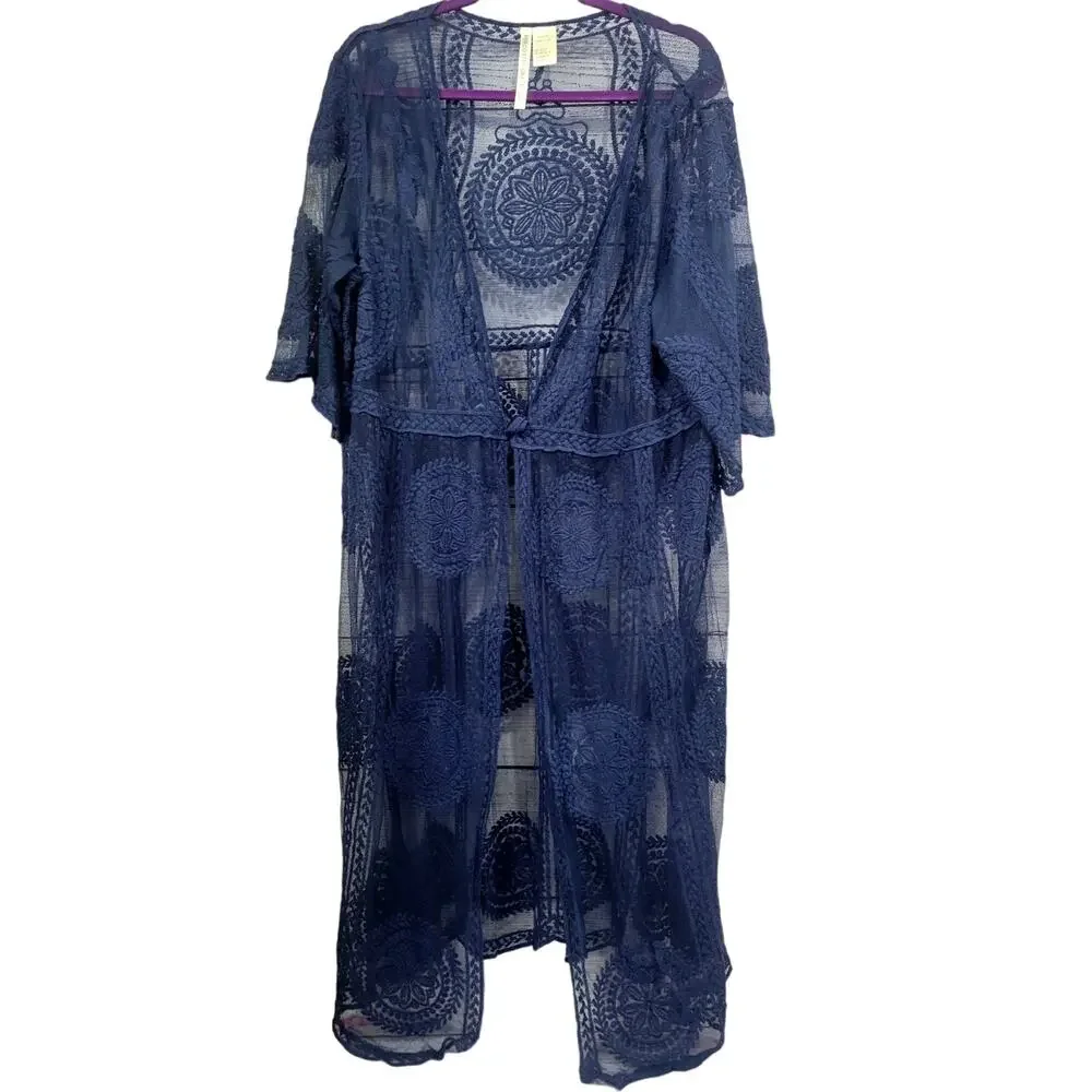 Forgotten Grace Long Lace Boho‎ Swim Cover Up Navy Blue Size 3X
