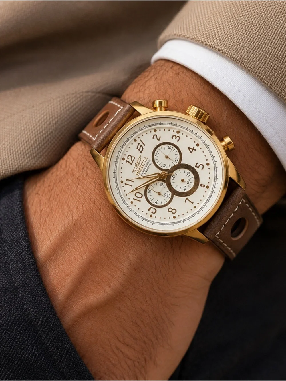 Invicta Gold Case Chronograph Watch with Brown Leather Strap