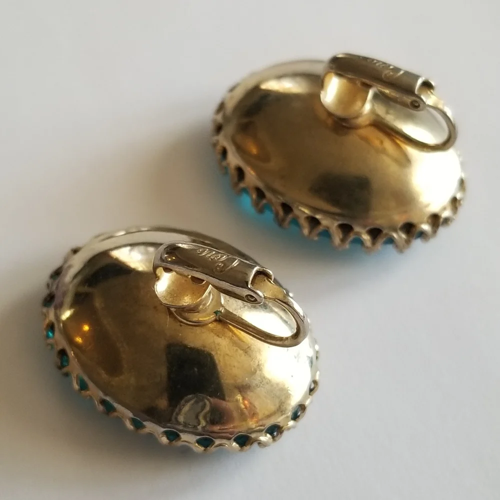 Vintage huge Coro clip earrings big aqua blue glass gems facted oval glam jewel