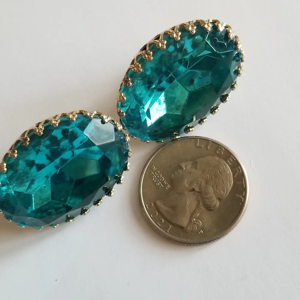 Vintage huge Coro clip earrings big aqua blue glass gems facted oval glam jewel