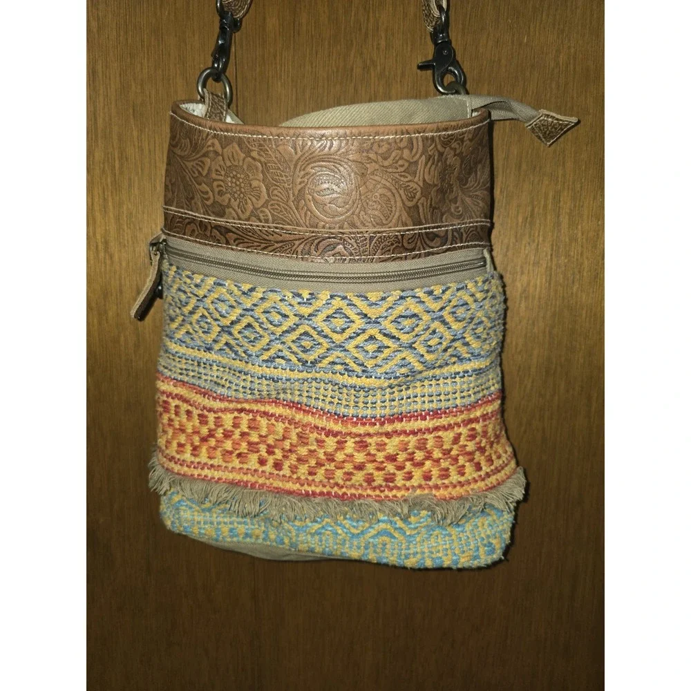 Myra Crossbody Bag Purse Brown Leather Yellow Blue Green Fringe Boho‎ India
