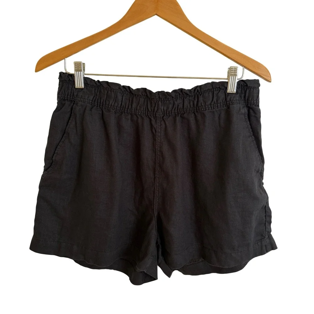 H&M Womens Black 100% Linen Paperbag Waist Casual Shorts Size‎ Medium Pull On