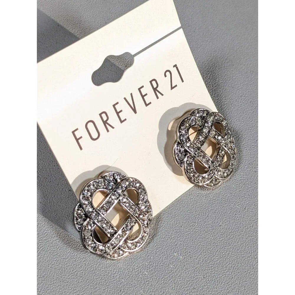 Forever 21 Silver Tone Round Knot Crystal Cut Out‎ Stud Pierced Earrings