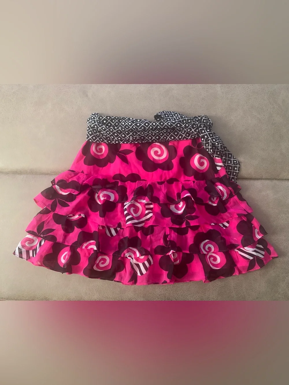 Vtg Y2K Celia Birtwell Express Black Pink Floral Silk Tiered Mini Skirt Size 2