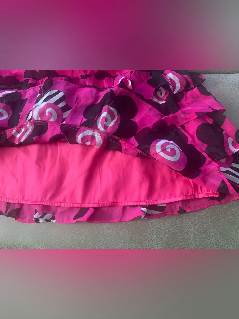 Vtg Y2K Celia Birtwell Express Black Pink Floral Silk Tiered Mini Skirt Size 2