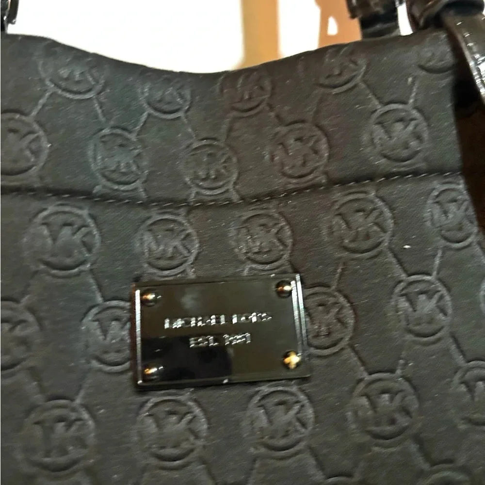 MK logo signature print monogram black quilted  neoprene handbag