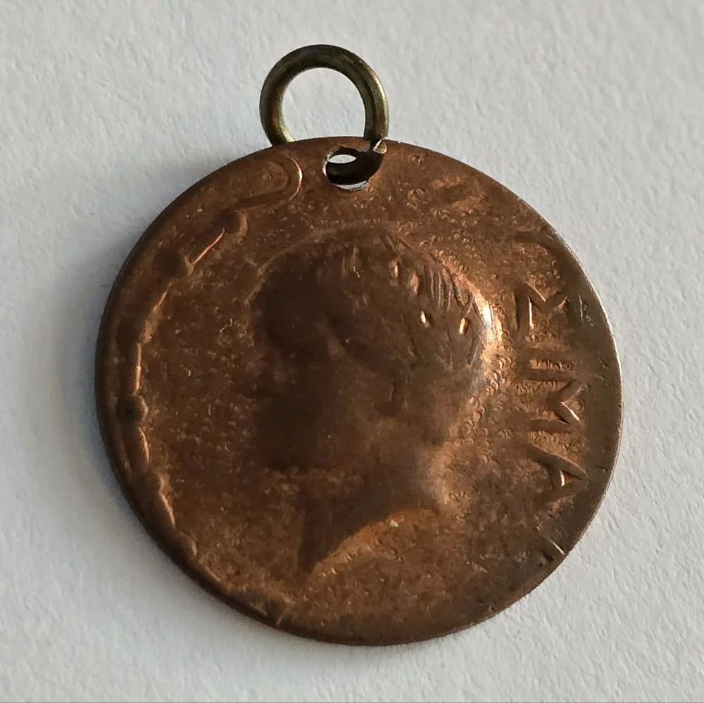 Vintage pendant copper tone numismatic charm jewelry faux coin