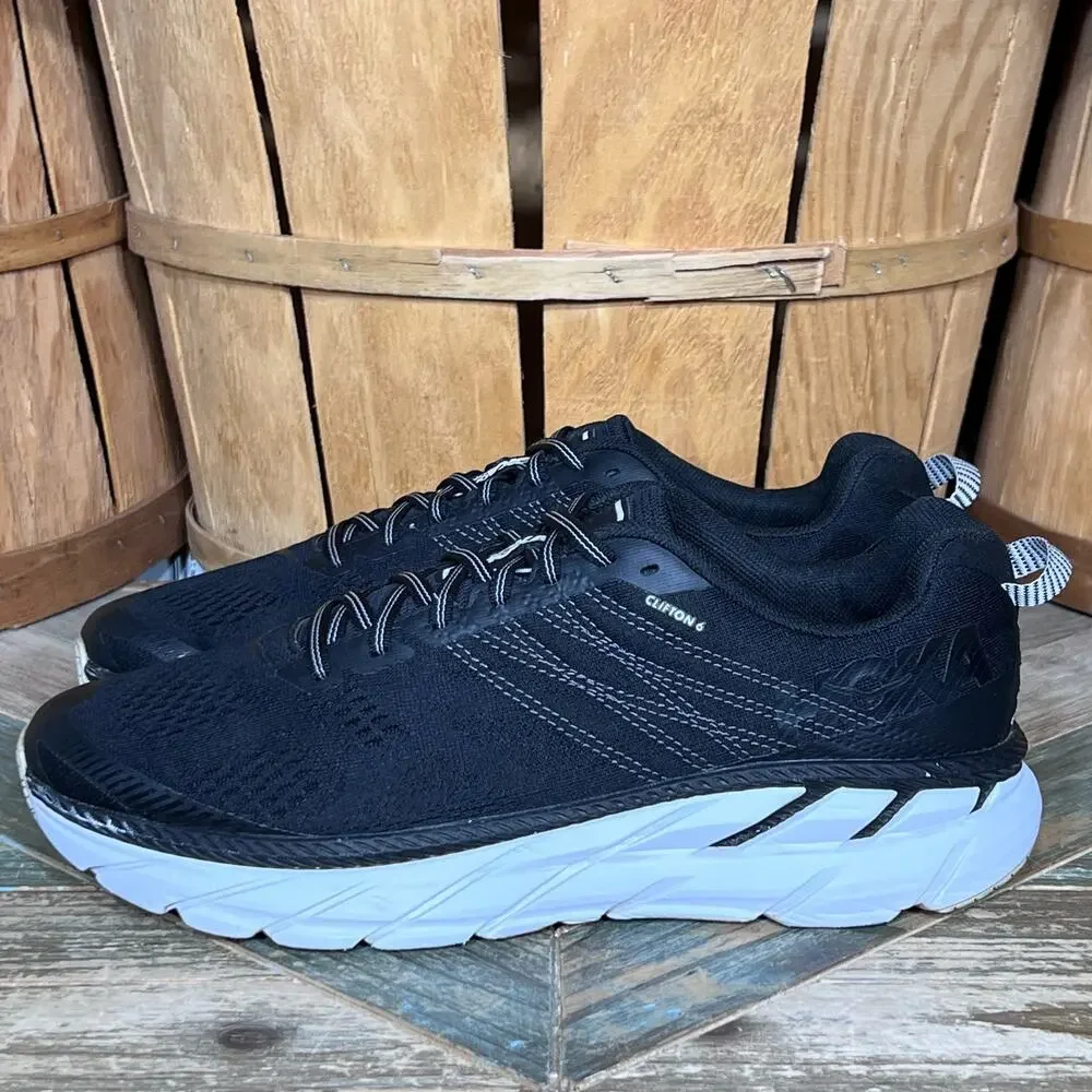 Hoka One One Clifton 6 Black White 1102872 Comfort Running Shoes Mens Size 9.5