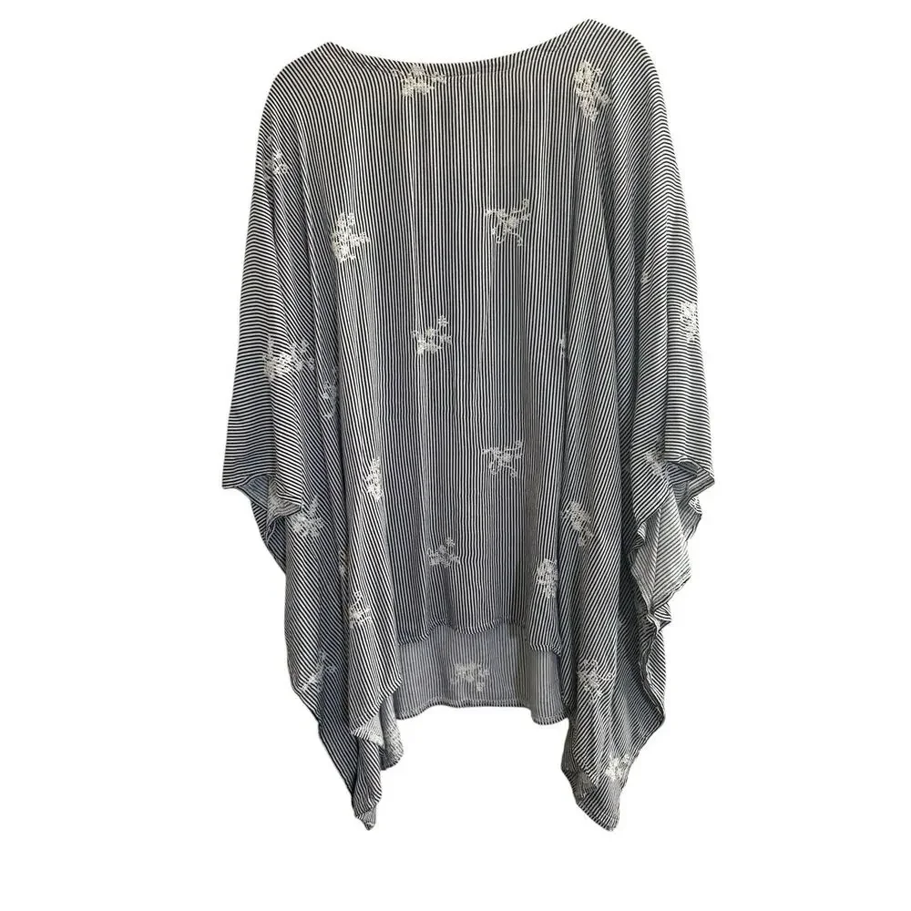 Sarong Social Club Beach Swim Coverup Tunic Poncho Blue Stripe Embroidered #7260