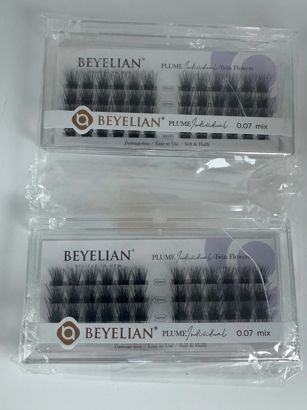Lot of 2 BEYLIAN Plume Individual Twin Flowers Eyelashes, 10mm-16mm
