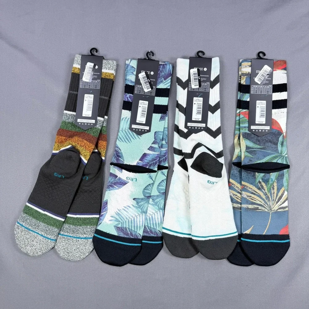 Stance Mens L Multi Cotton Poly Casual Crew Socks 4 Pair Tropical Stripe Chevron