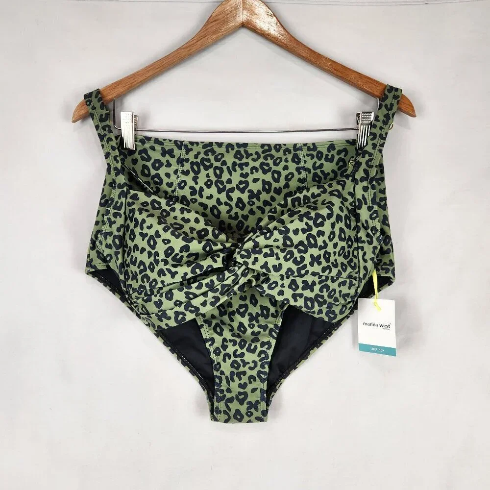 NWT Marina West Two Piece Swimsuit Women's L Olive Black Leopard Bikini UPF 50