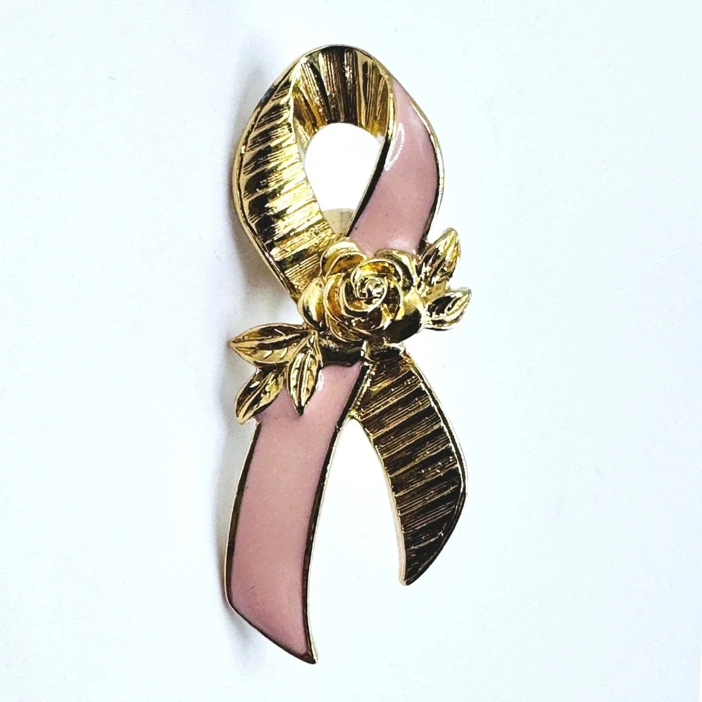 Avon Pink Ribbon Brooch Gold Tone‎ Rose Floral Enamel Breast Cancer Awareness