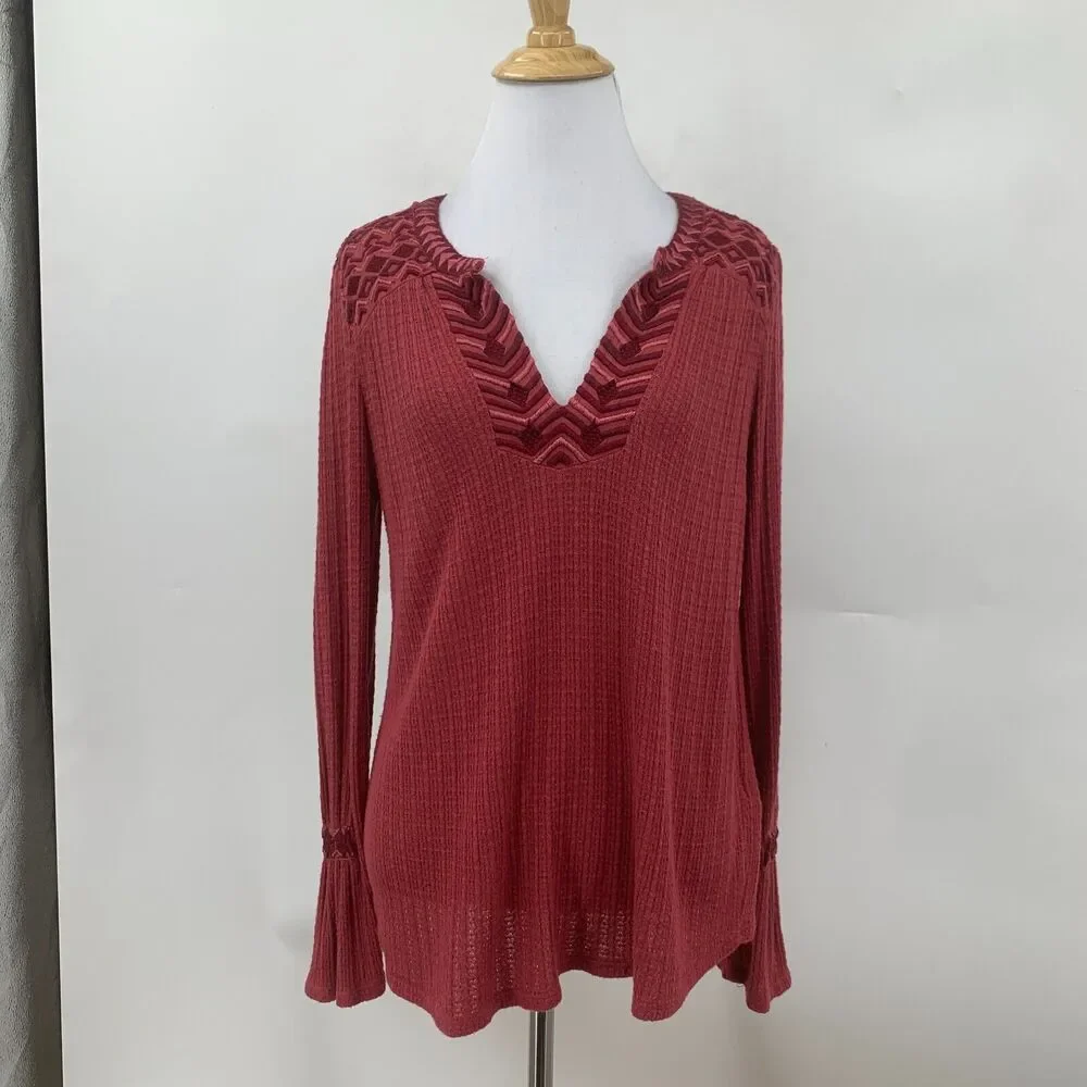 Lucky Brand Drop Needle Sweater Womens M Medium Rosy Embroidered Linen Blend