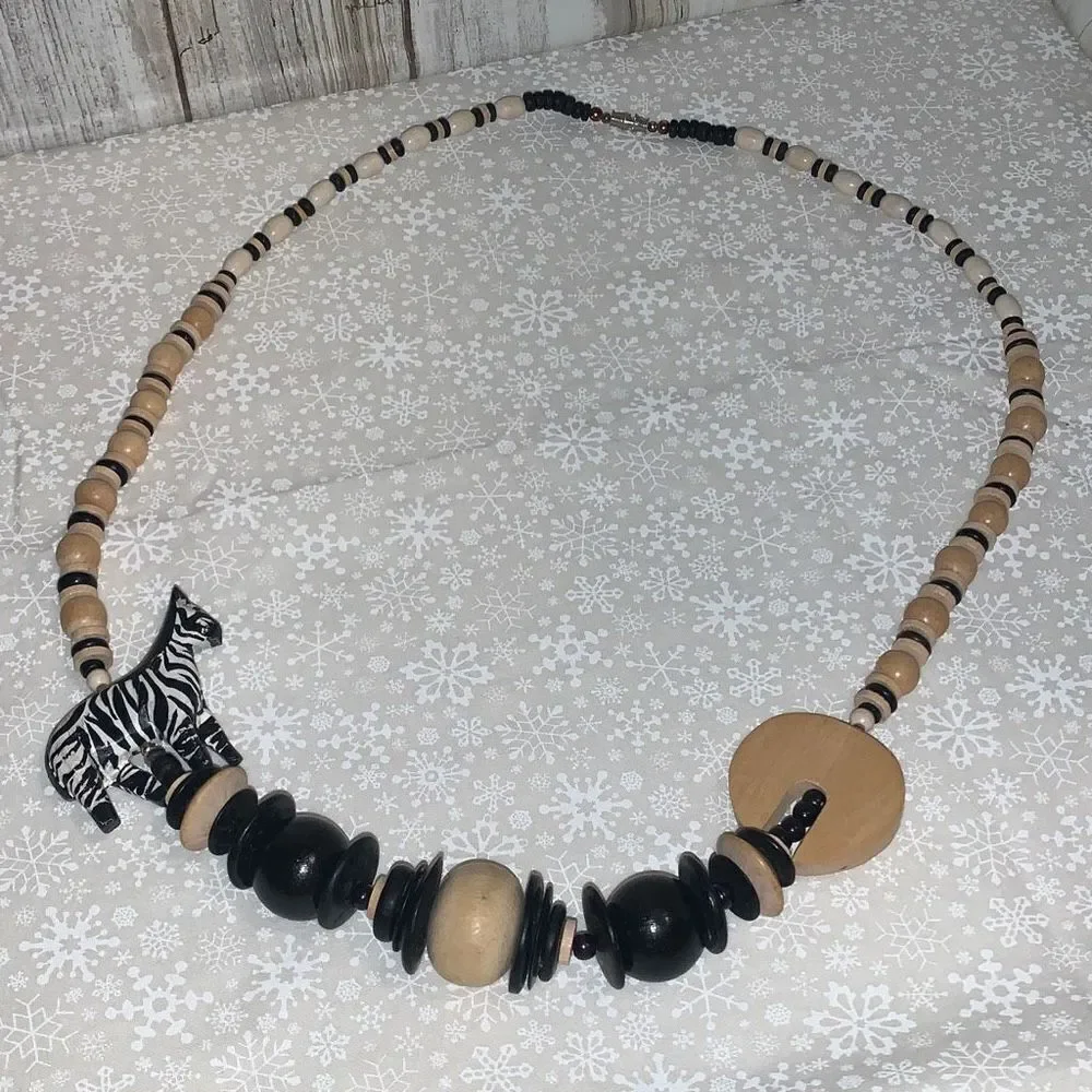 Vintage‎ Wood Hand Carved Zebra Bead Necklace 29”