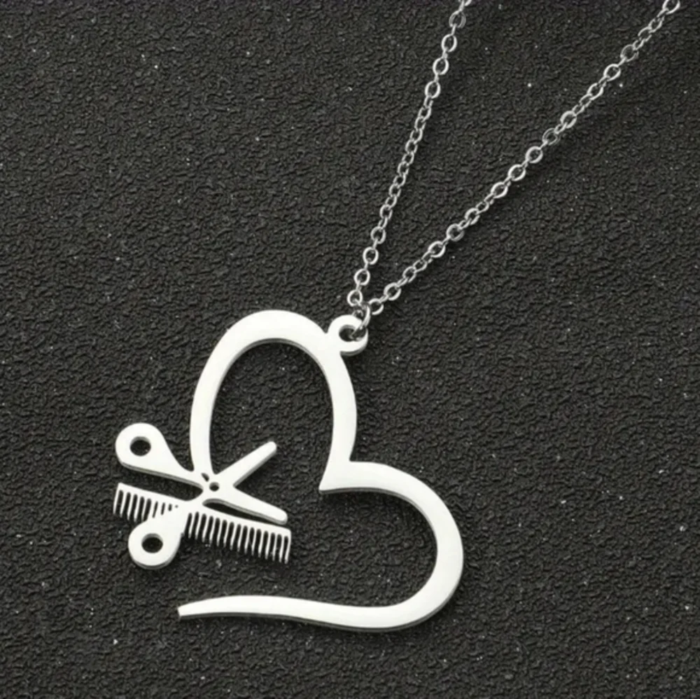 Hairdresser Salon Tools Scissor & Comb Heart Pendant‎ Hairstylist Salon Necklace