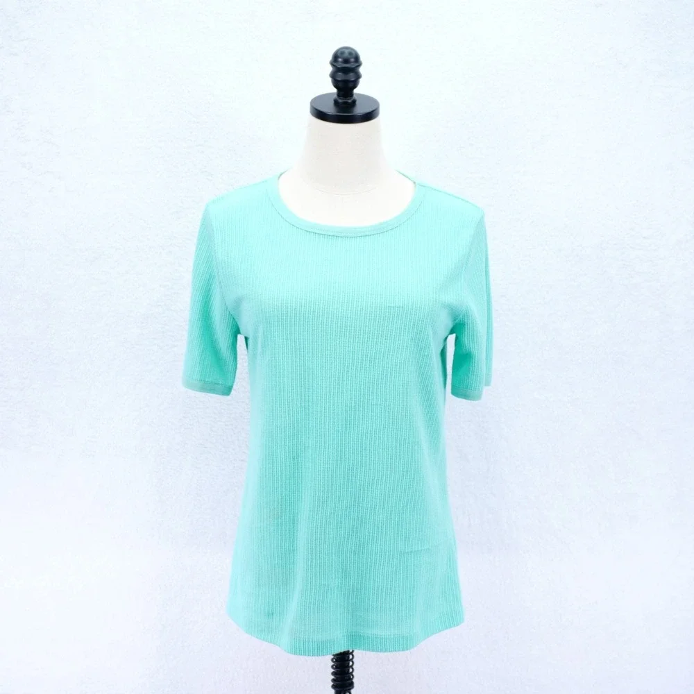 J. Crew -Medium- Ribbed Knit Teal T-Shirt Crew Neck Top Cotton Polyester Elastan