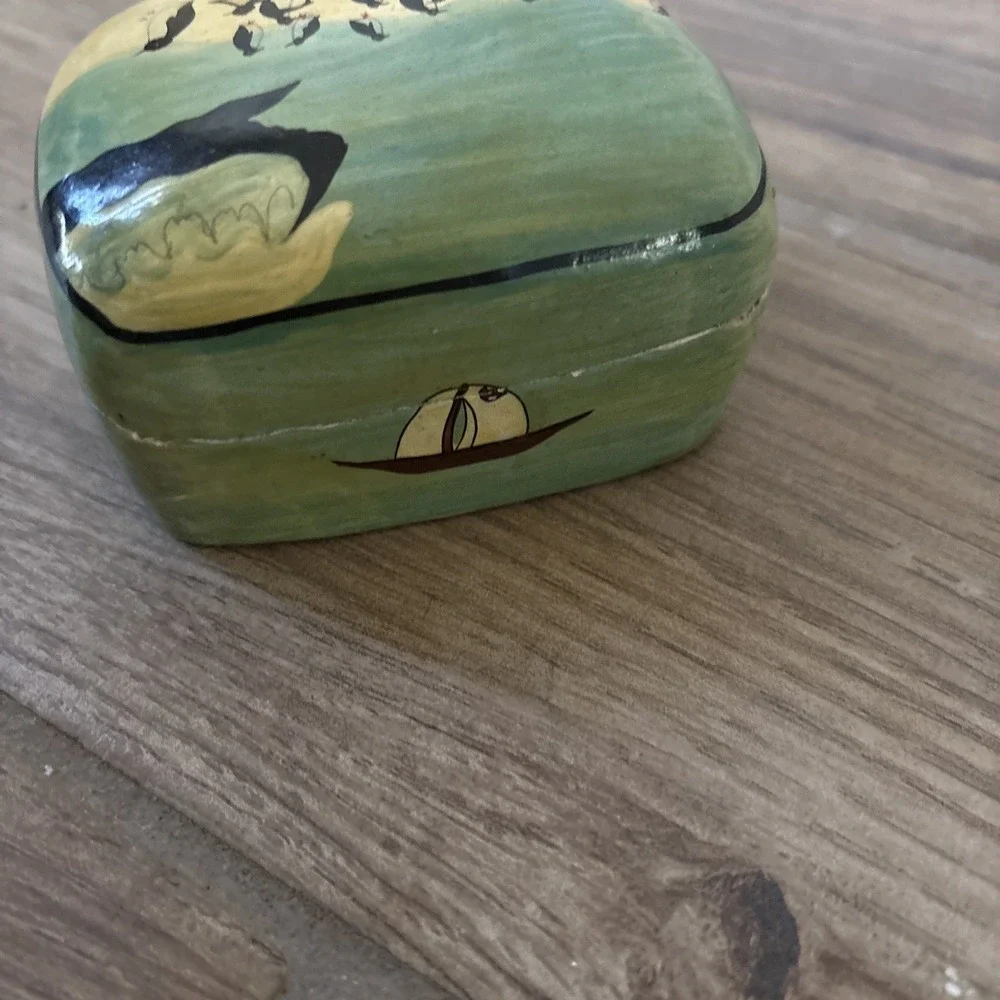 Vintage Paper Mache Trinket Box Blue White Penguins