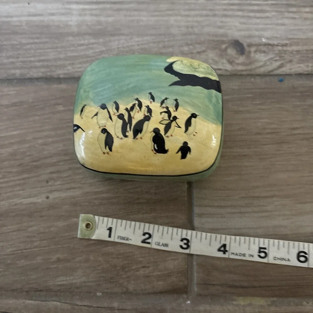 Vintage Paper Mache Trinket Box Blue White Penguins