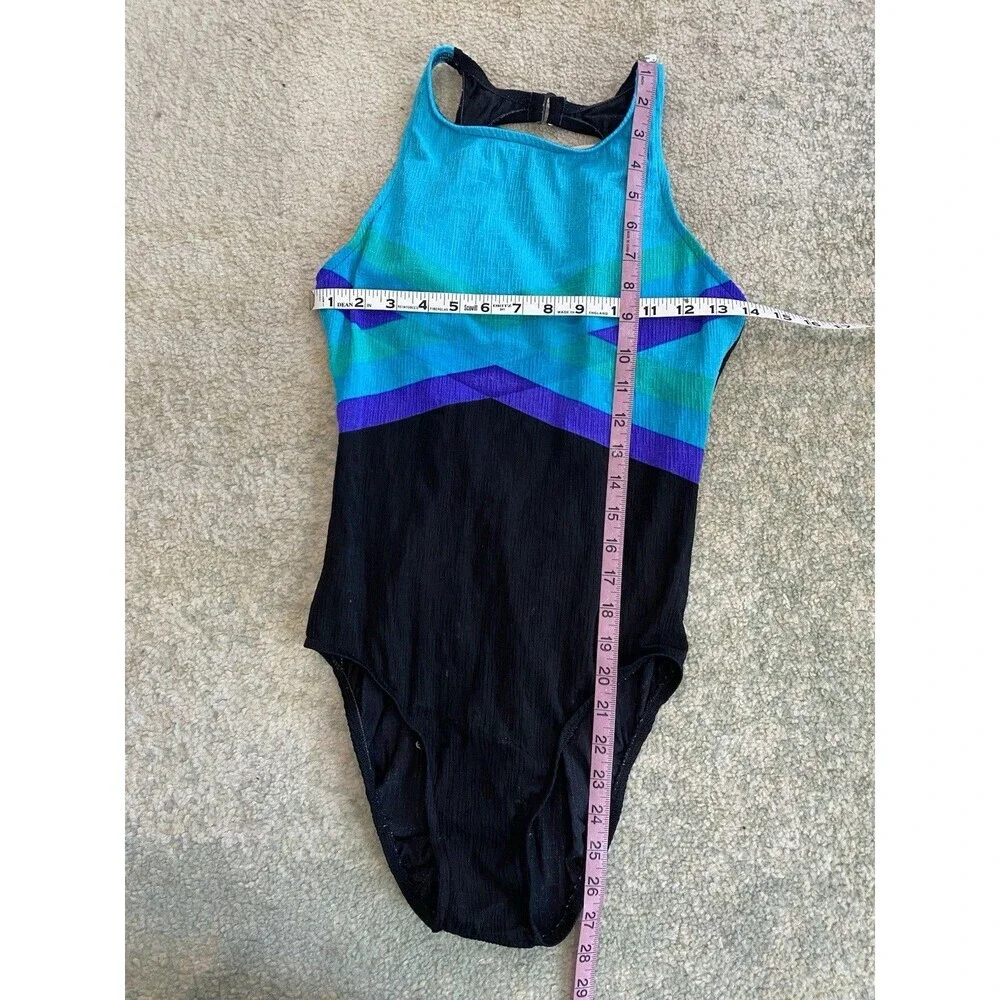 Jantzen Vintage Geometric One Piece High Neck Swimsuit 12 Blue Purple Black