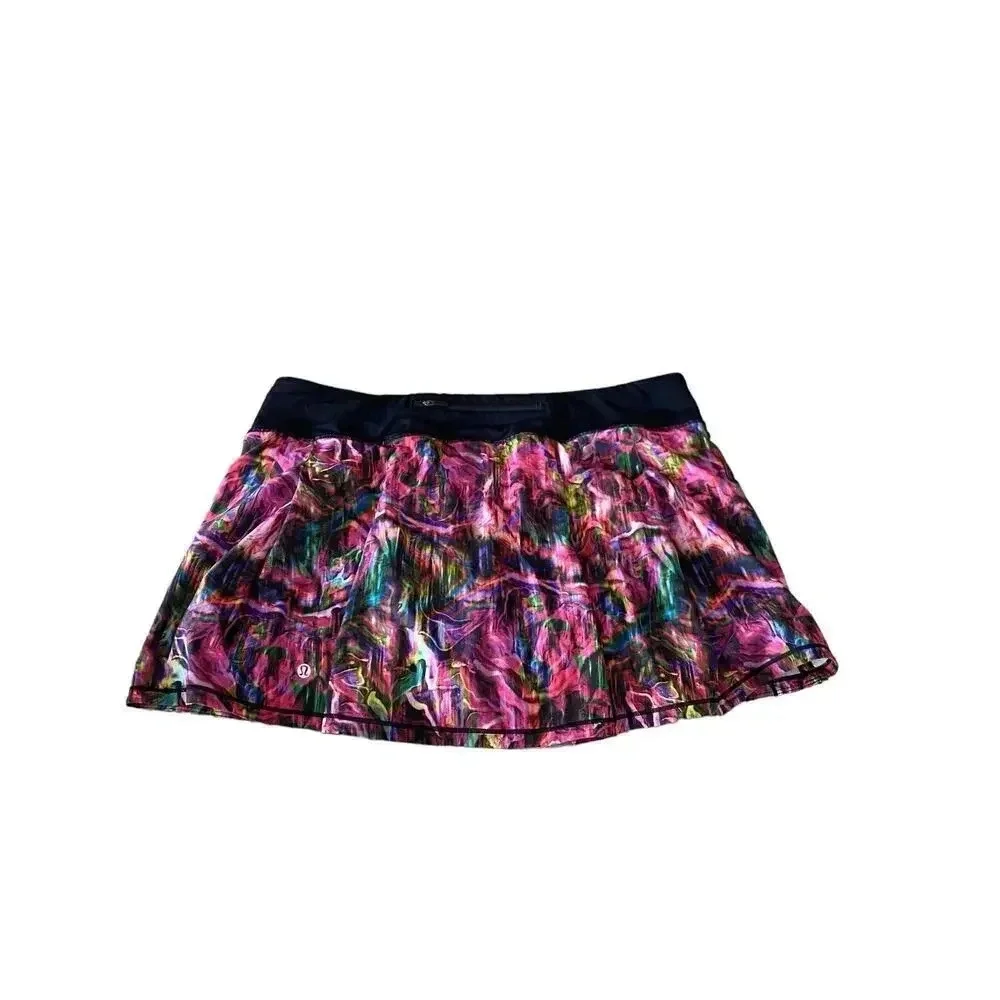 Lululemon Hyper Flow Pink Multi Black Print Pace Rival Mid-Rise Skirt Size 14