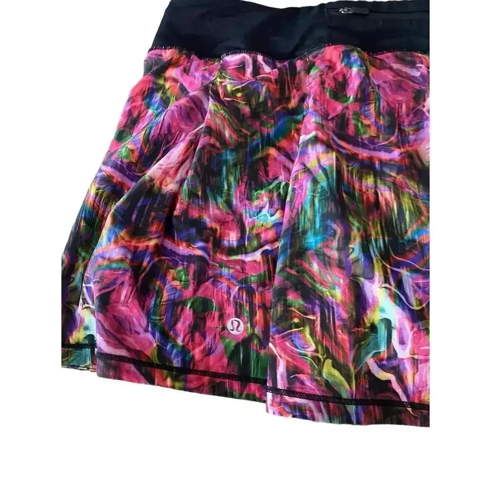 Lululemon Hyper Flow Pink Multi Black Print Pace Rival Mid-Rise Skirt Size 14