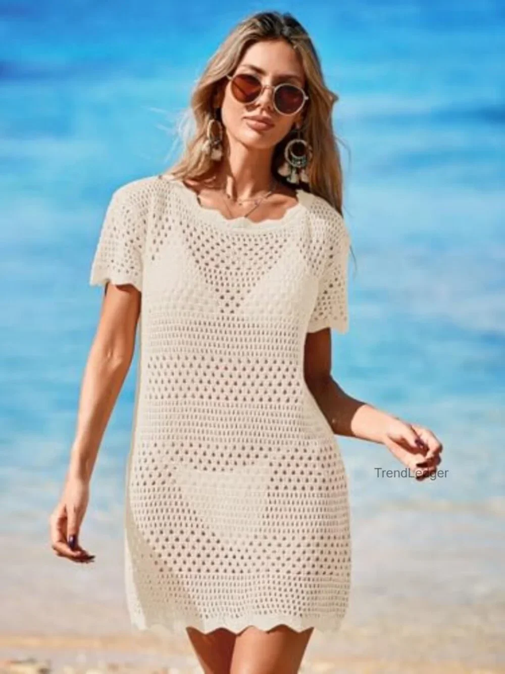 Crochet Swimsuit Cover Up Mini Dress Short Sleeve Mesh Knit Beach Coverup