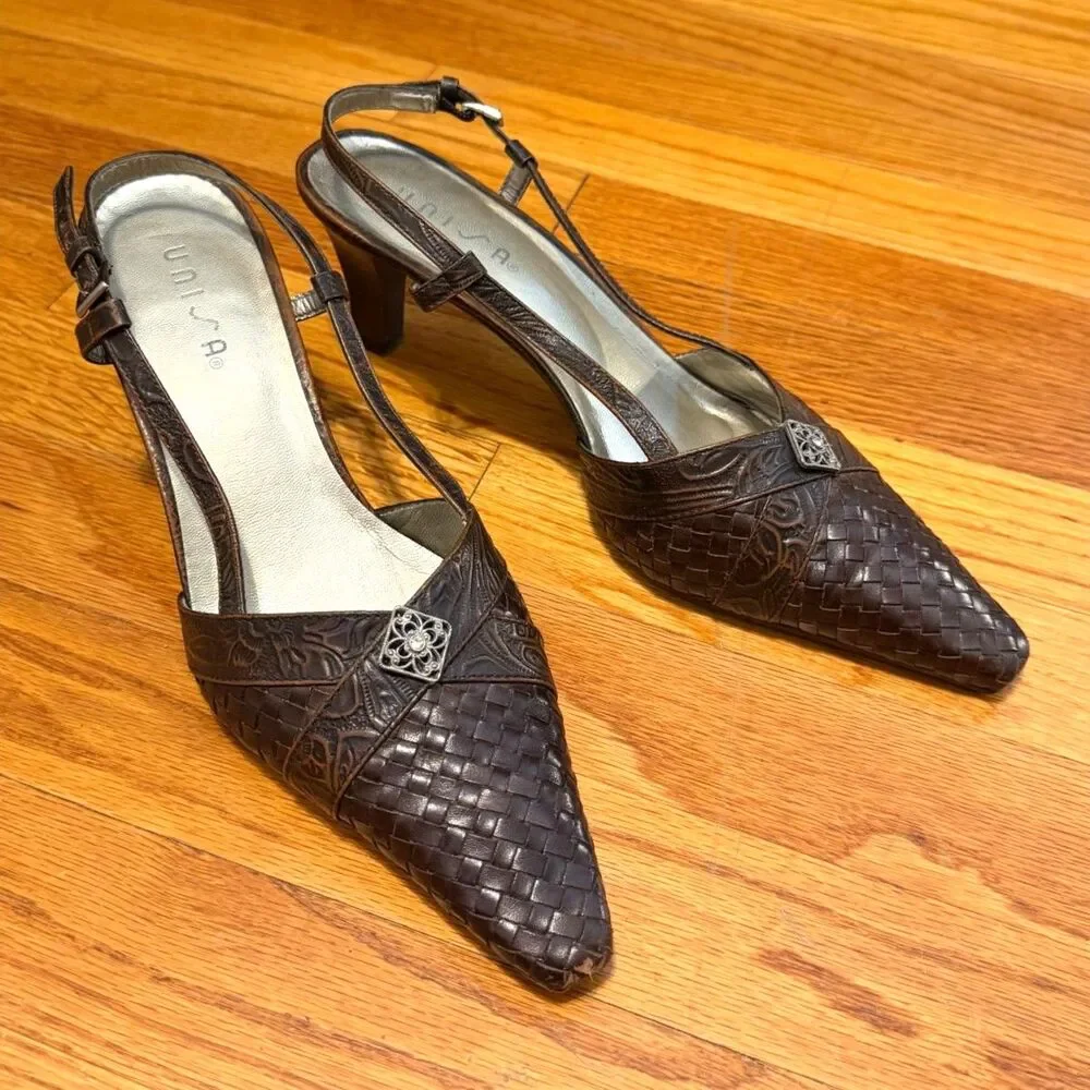Vintage 90s UNISA Brown Leather Slingback Heels Pointed Toe Jewel Accent Sz 9.5