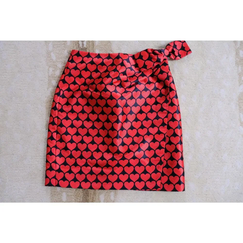 J. Crew Electric Red Jacquard Heart Faux Wrap Skirt Style H2856 Sz 00