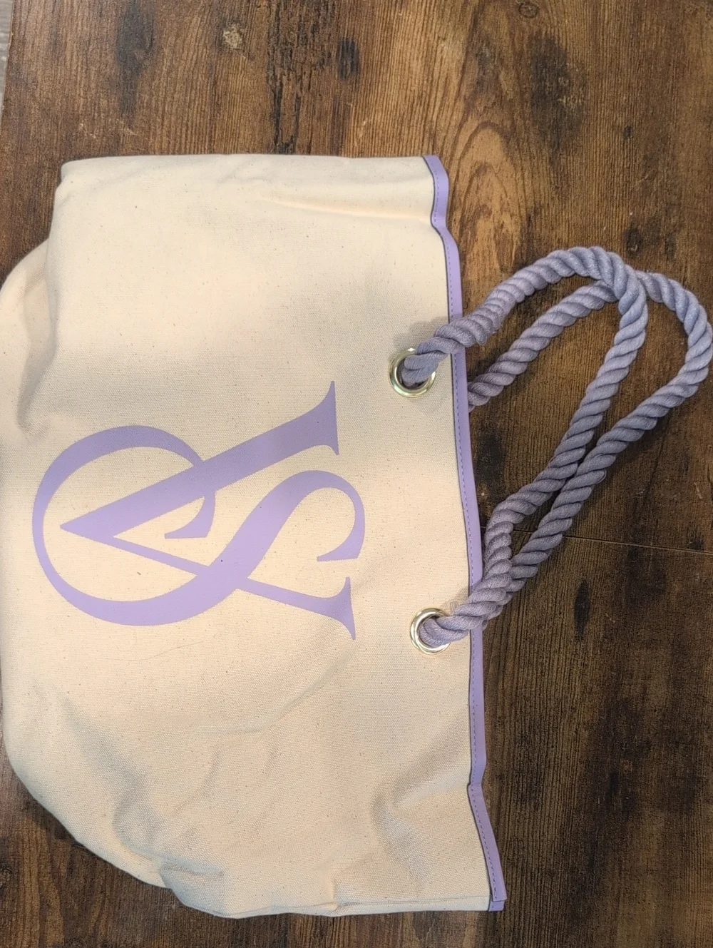 Victoria's Secret Cream Canvas Tote with Lavender Logo and Rope Handles