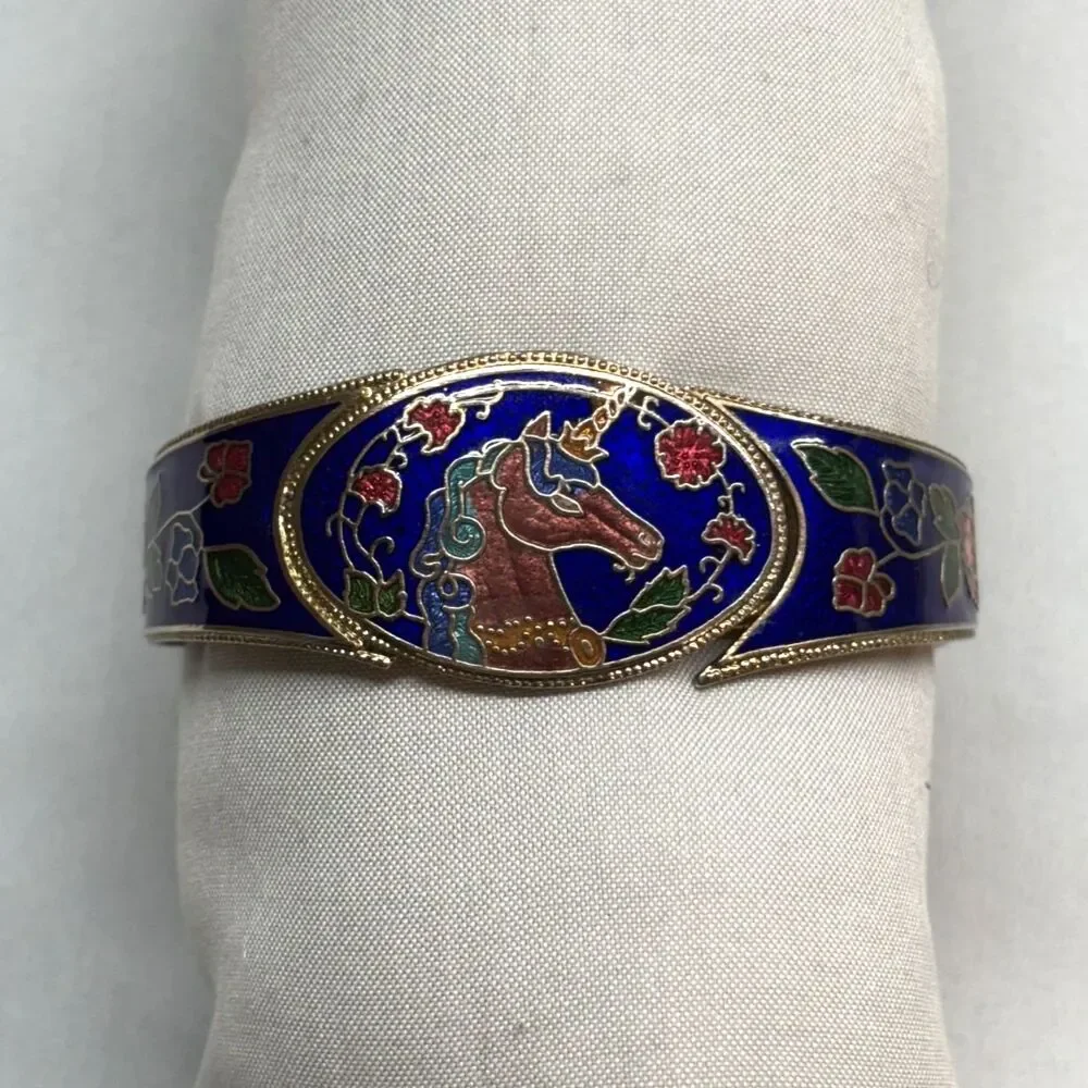 Vintage 80s silver tone blue Cloisonné enamel unicorn Bracelet - Cottagecore
