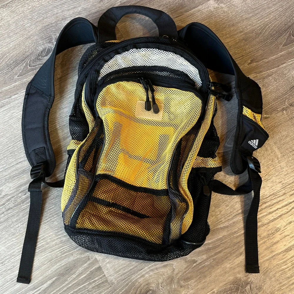 Adidas Mesh Backpack Yellow Black Vintage Sporty School Gym Bag RN90288