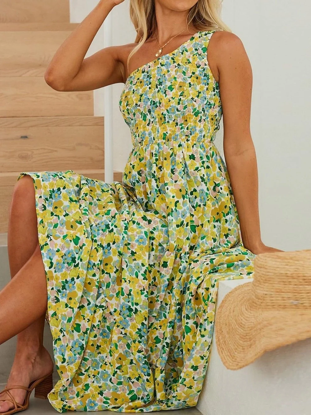 Anrabess Yellow Floral Smocked One Shoulder Midi Dress