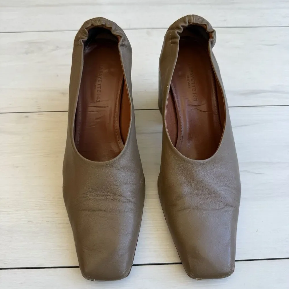 Lafayette 148 New York Nappa Leather Square Toe Pumps Olive Green Size 40 Chunky