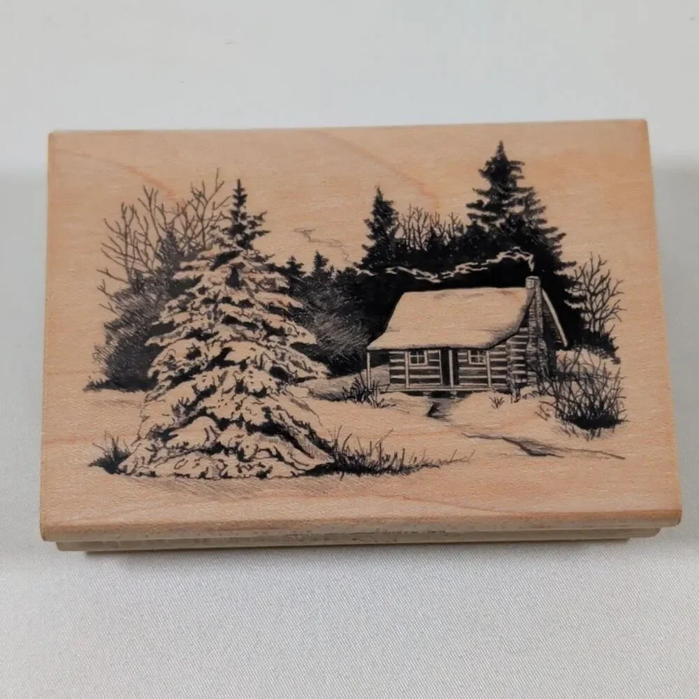 Inkadinkado Winter Log Cabin Snow Scene Wood Mounted Rubber Stamp Trees