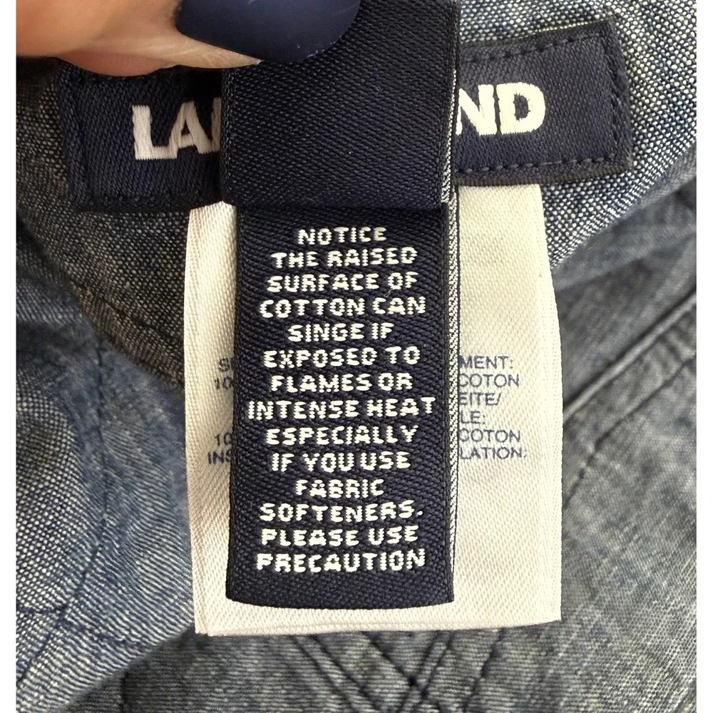 Lands End Womens Reversible Quilted Barn Jacket Chore Coat Blue Chambray Plaid M