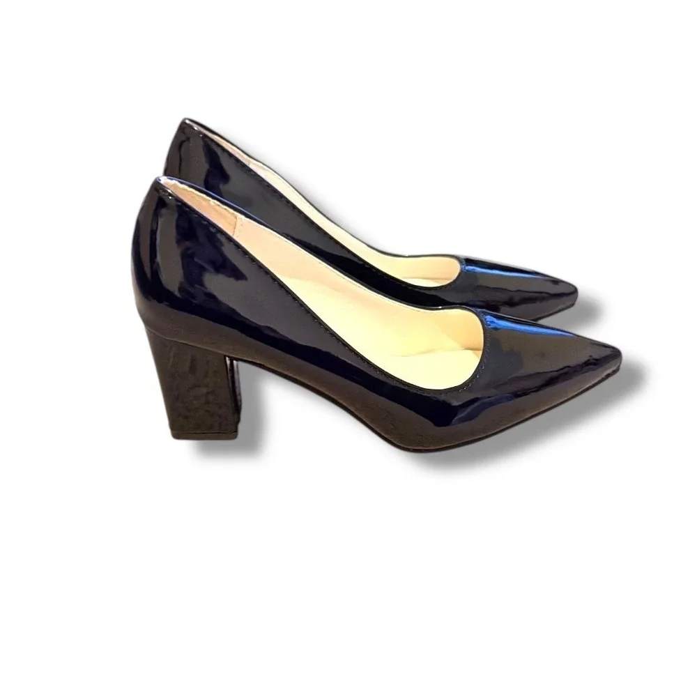 Fashion Pointed Toe Pumps Size 41 Black Faux Patent Leather Block Heel Classic‎