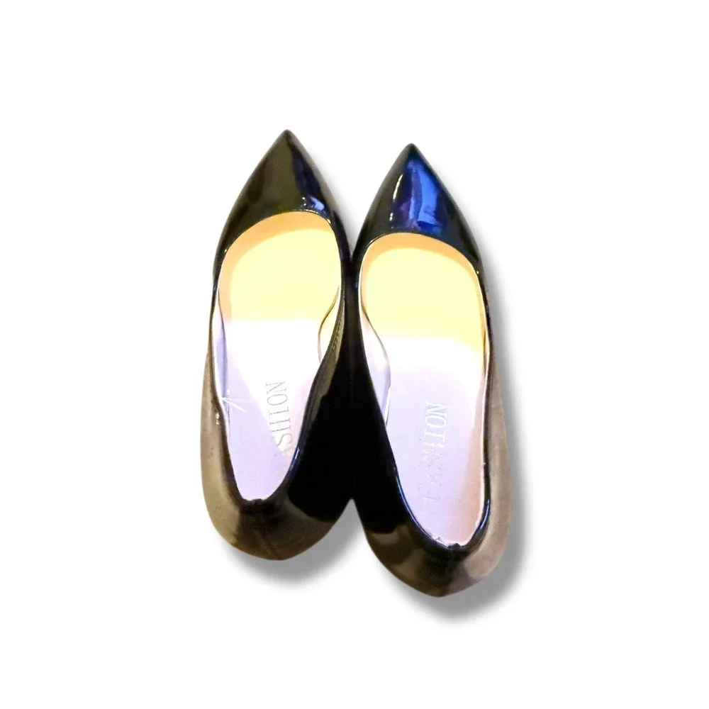 Fashion Pointed Toe Pumps Size 41 Black Faux Patent Leather Block Heel Classic‎