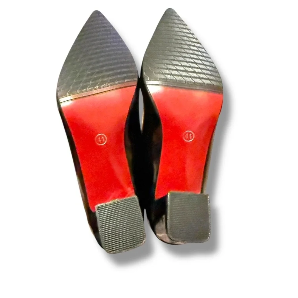 Fashion Pointed Toe Pumps Size 41 Black Faux Patent Leather Block Heel Classic‎